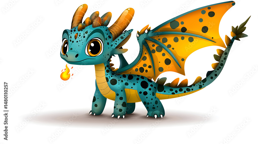 A blue and orange dragon with yellow spots on its wings A blue and orange dragon with yellow spots on its wings