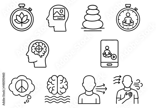 stress management wellbeing routine concept. Icons representing mindfulness and mental well-being concepts.