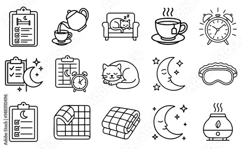 stress management wellbeing routine concept. Sleep-themed icons featuring cats, tea, and relaxation elements.