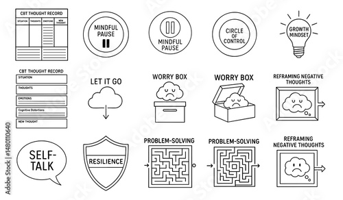 stress management wellbeing routine concept. Mindfulness and mental health strategies illustrated in icons.