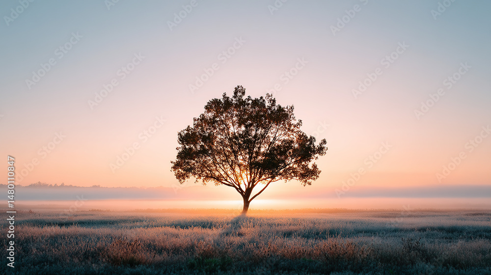 Lone Tree at Sunrise in a Misty Field