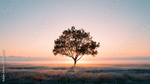 Obraz na płótnie Lone Tree at Sunrise in a Misty Field w salonie