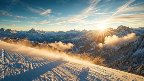 Carpatian Winter Landscape, Snowboarder on Mountain, Blue Sky Background