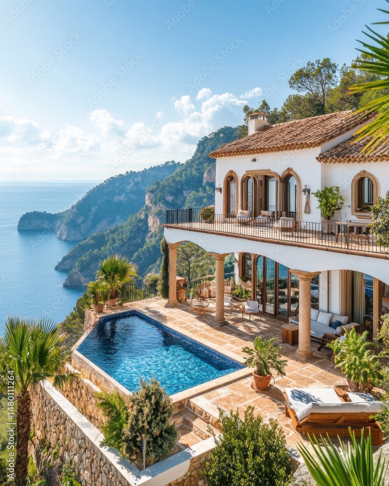Fototapeta premium Luxury Villa with Pool Overlooking Ocean in Mallorca Spain Aerial View Mediterranean Architecture