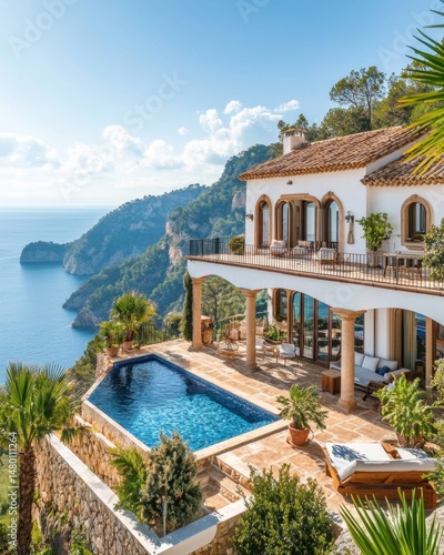 Luxury Villa with Pool Overlooking Ocean in Mallorca Spain Aerial View Mediterranean Architecture