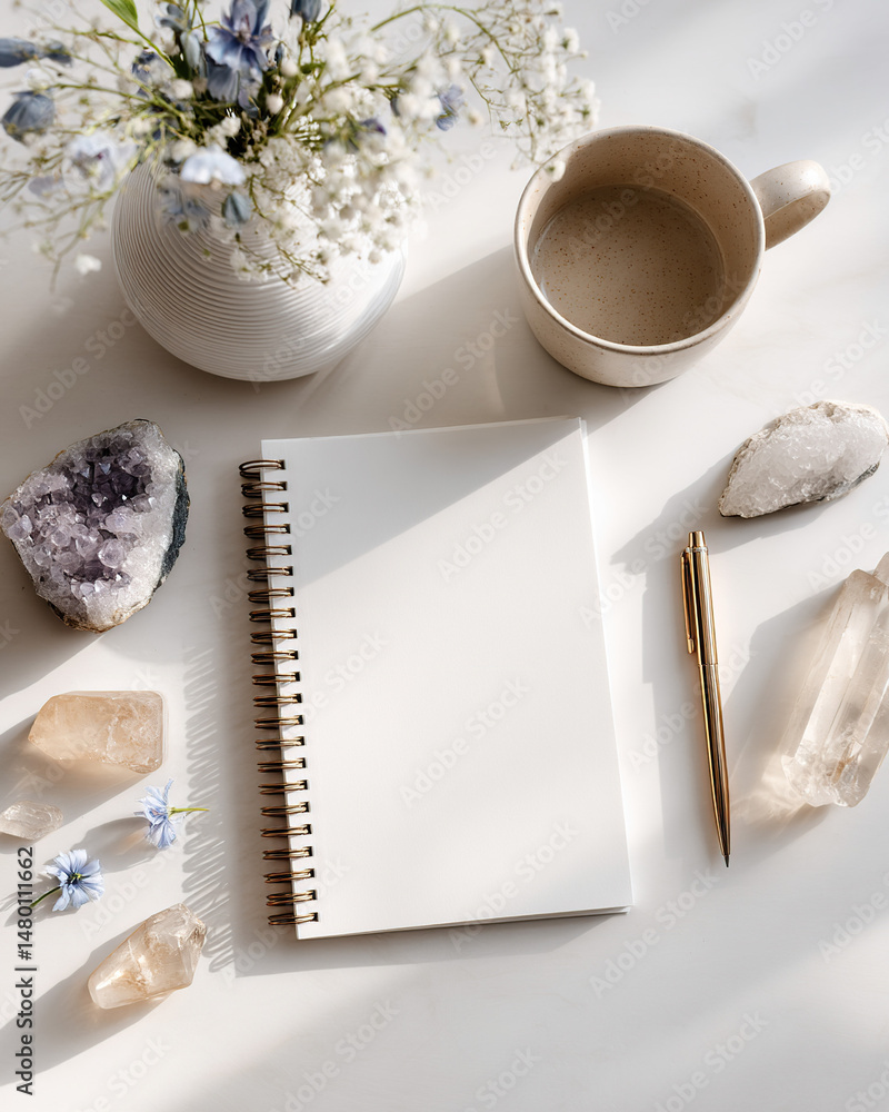 Blank Spiral Notebook with Crystals, Flowers, and Coffee Cup on Desk