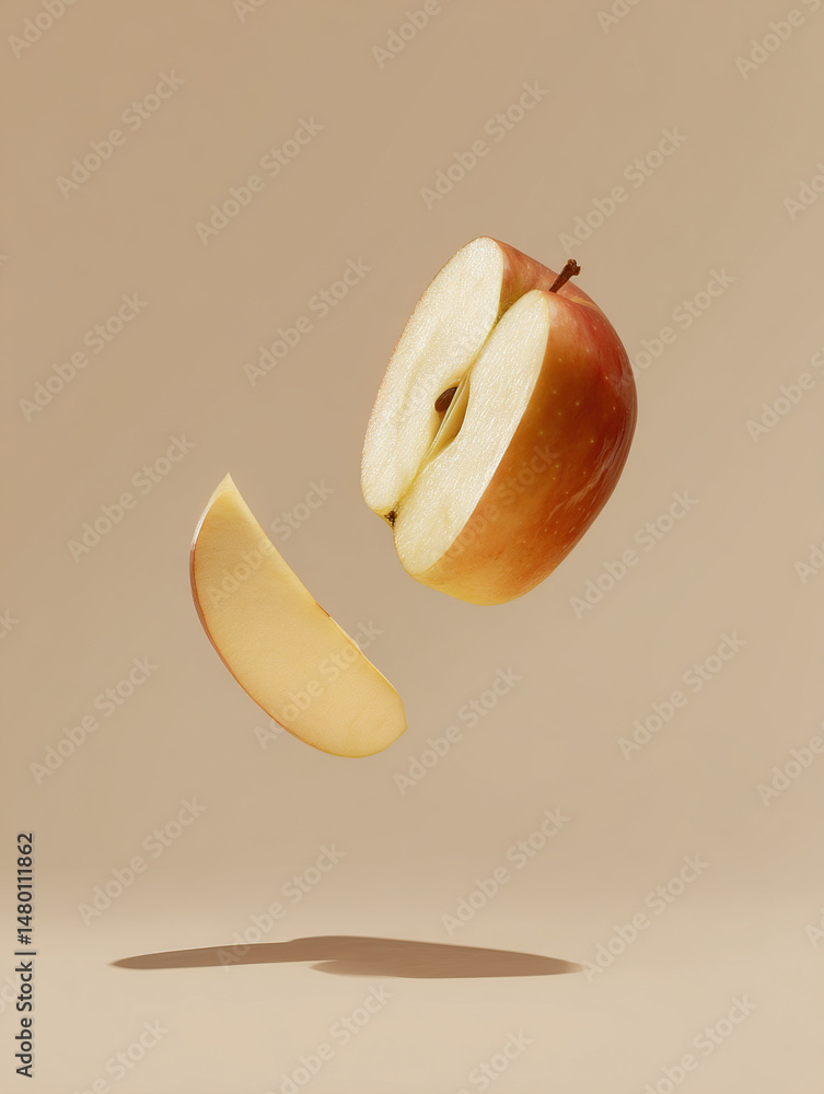 Floating Sliced Apple on Beige Background