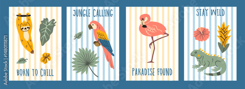 Colorful illustration set of sloth, parrot, flamingo and iguana with tropical leaves and flowers on striped background, perfect for kids design, cards, and summer projects.
