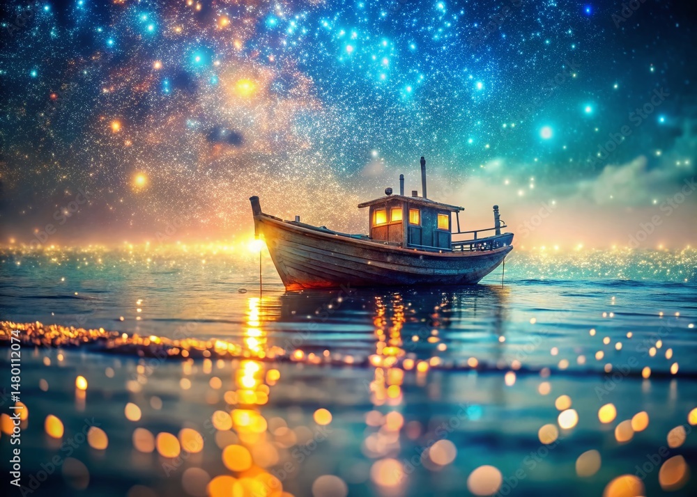 Fototapeta premium Holographic Boat: Futuristic Particle Ship Double Exposure Stock Photo