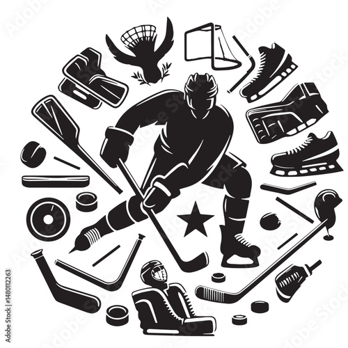 Hockey Silhouette line art vector illustration on white background