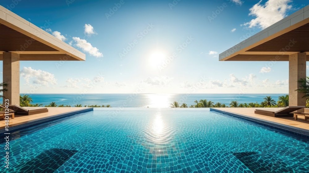 Fototapeta premium Elegant Hotel Pool Oasis with Sunlit Tranquility