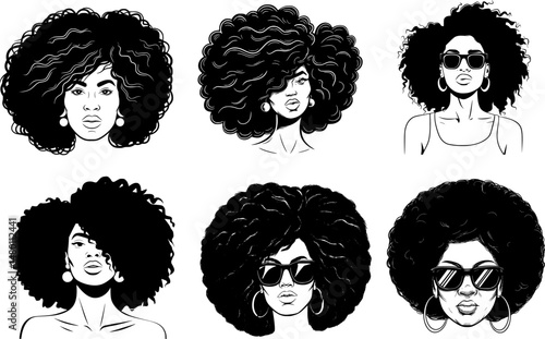Confident African American Woman with Afro Hair Illustration – Simple Black and White Line Art, Bold and Stylish Design, Round Earrings, Minimalist Portrait