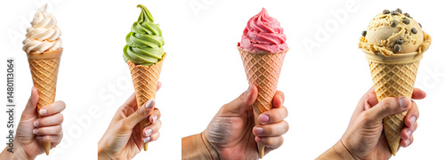 Assorted Ice Cream Cones on Transparent Background - Vanilla, Matcha, Strawberry and Chocolate Chip Waffle Cones for Food Marketing and Menu Design