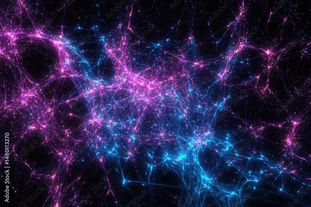 Obraz premium Vibrant cosmic network of energy connections in mesmerizing pink and blue hues across a dark background
