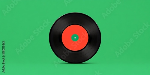 A black vinyl record with an orange and teal label sits against a green background