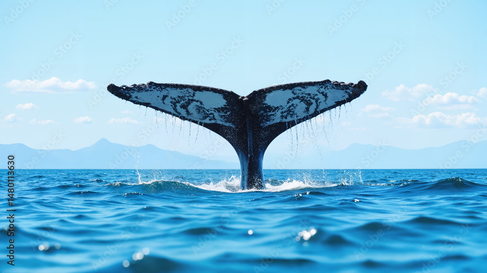 Fototapeta premium Majestic Whale Tail Emerging From Ocean – Blue Marine Mammal Fluke Above Calm Sea Waters for Whale Migration Education and World Whale and Dolphin Day Awareness