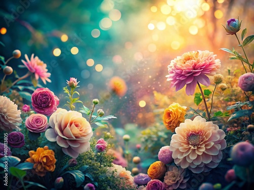 Intricate Floral Garden Art Print Wallpaper - Bokeh Effect Background