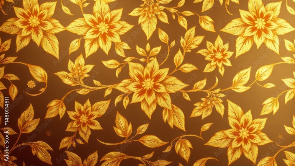 A luxurious golden floral pattern on dark brown background ideal for textile design wallpaper or wrapping paper projects. A luxurious golden floral pattern on dark brown background ideal for textile design wallpaper or wrapping paper projects.