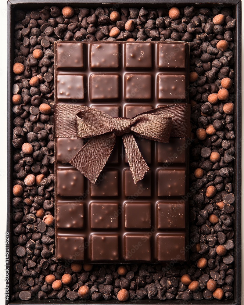 Dark chocolate bar with a bow, surrounded by chocolate chips Dark chocolate bar with a bow, surrounded by chocolate chips