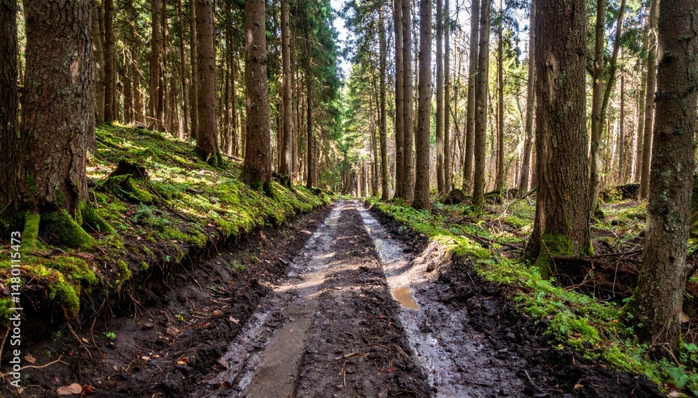 Obraz premium Serene Forest Trail Surrounded by Tall Trees and Lush Greenery