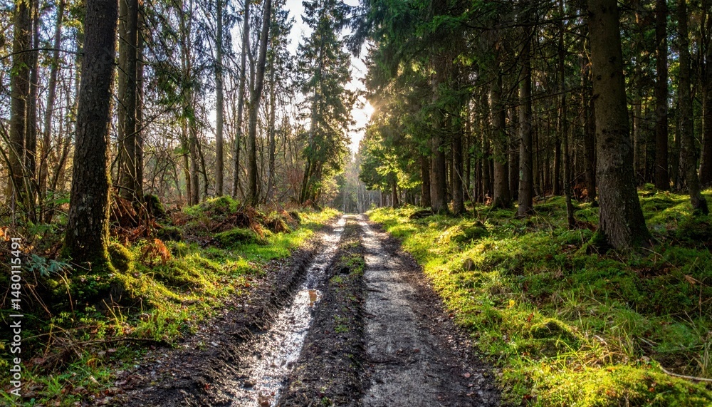 Fototapeta premium Serene Forest Pathway Surrounded by Lush Green Trees and Sunlight