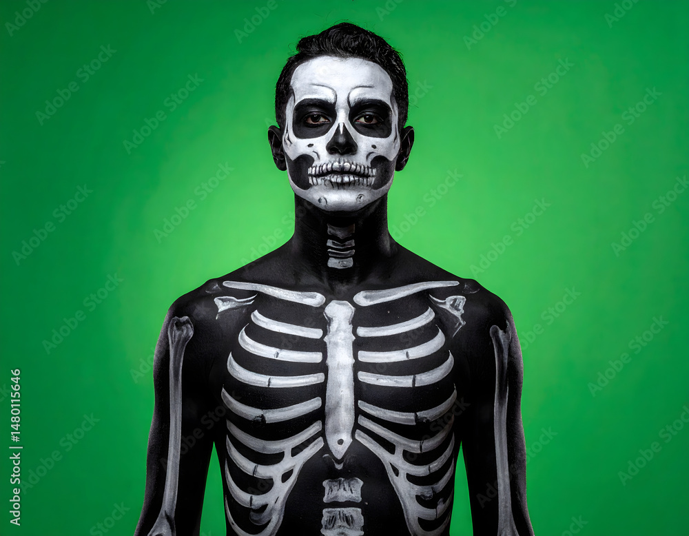 A person painted to resemble a skeleton, with white bones detailed on a black background. The anatomical body paint includes the ribcage and shoulders, set against a vivid green backdrop. A person painted to resemble a skeleton, with white bones detailed on a black background. The anatomical body paint includes the ribcage and shoulders, set against a vivid green backdrop.