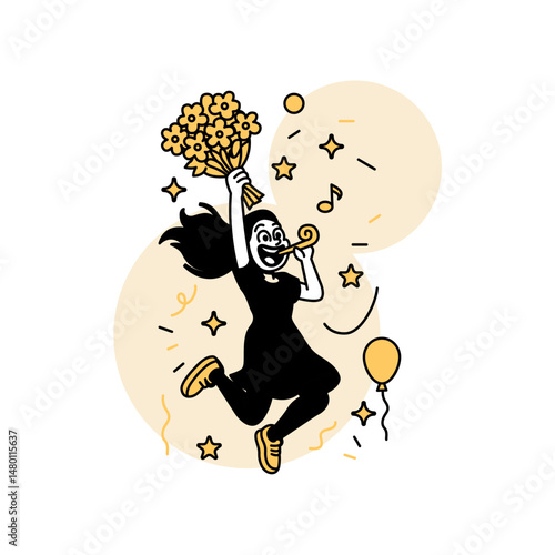 Vector illustration of a joyful woman jumping with a bouquet of flowers and party horn