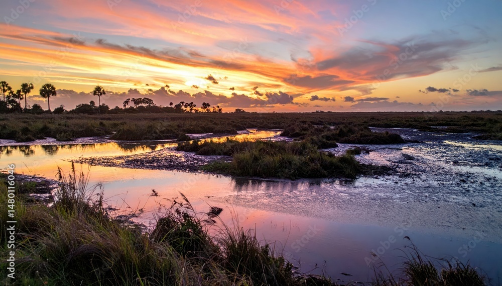 Obraz premium Serene Sunset Over Marshland with Reflections and Colorful Sky