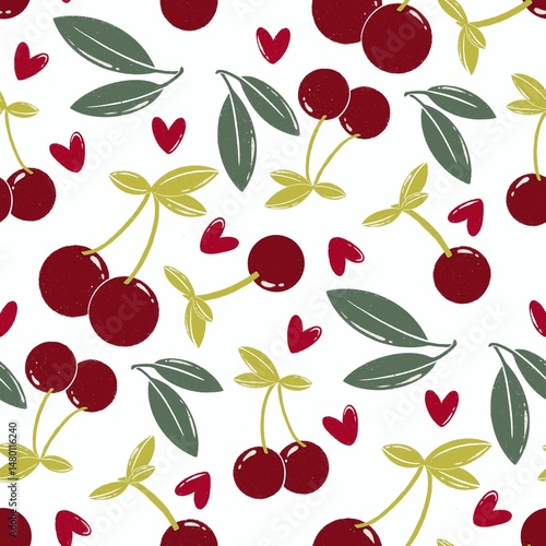 A delightful seamless cherry pattern featuring plump red cherries intertwined with fresh green leaves, perfect for summer designs, food packaging, and kitchen-themed decor.