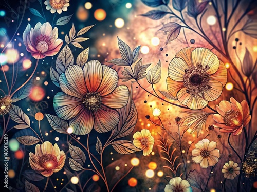 Long Exposure Boho Floral Black Line Art Background - Abstract Dark Bloom Design