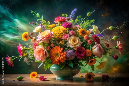 Long Exposure Floral Decoration: Vibrant Flowers & Leaves in Soft Light