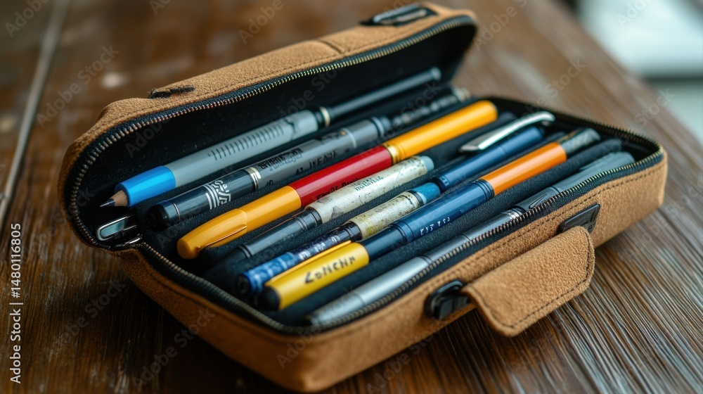 Assorted Writing Instruments in a Stylish Case on a Rustic Wooden Table Top for Creative Ideas and Projects Assorted Writing Instruments in a Stylish Case on a Rustic Wooden Table Top for Creative Ideas and Projects