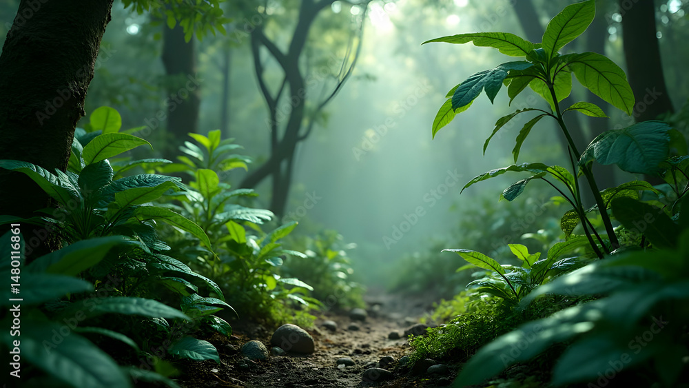 Fototapeta premium Rainforest Conservation Area with Endangered Plant Species Preserved Through Biotechnology and DNA Structures Visible as Ethereal Glowing Networks