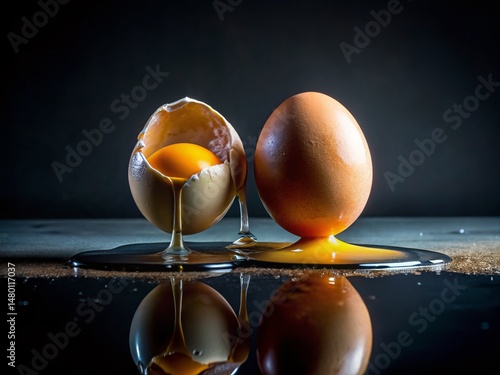 Long Exposure Photo: Intact Egg vs. Cracked Egg, Minimalist Still Life