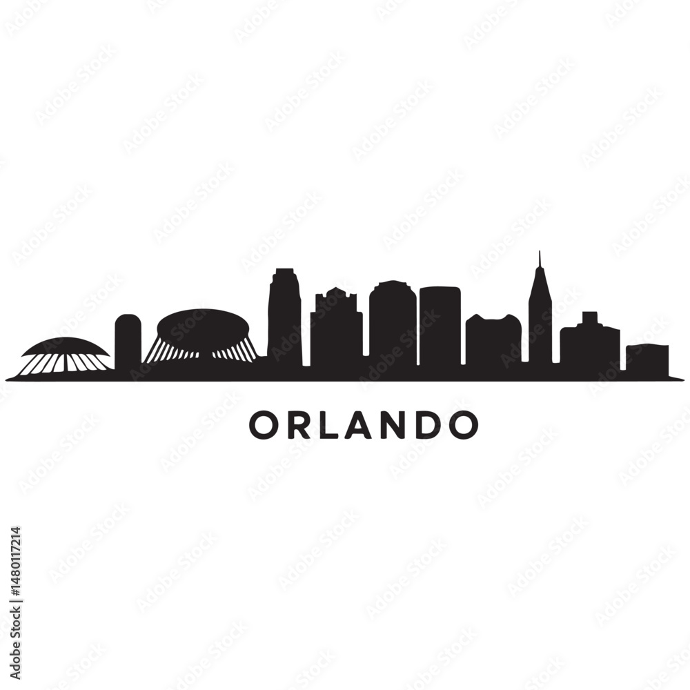 Obraz premium Vector Orlando skyline. Travel Orlando famous landmarks. Business and tourism concept for presentation, banner, web site. Vector black silhouette. with white background