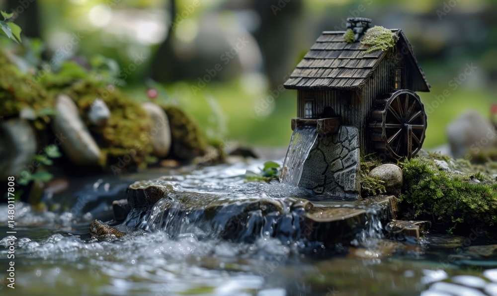 Naklejka premium Miniature wooden mill by a flowing stream.