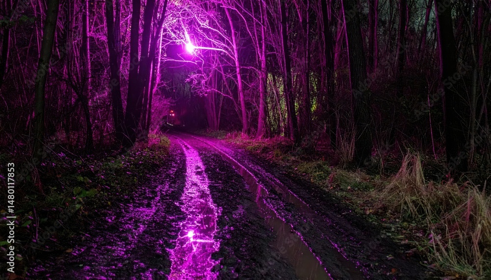 Obraz premium Magical Pathway Through Forest with Purple Light and Reflection