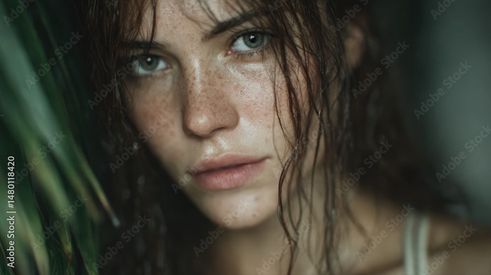 Close up portrait of young woman with wet hair and freckles surrounded by green leaves Close up portrait of young woman with wet hair and freckles surrounded by green leaves