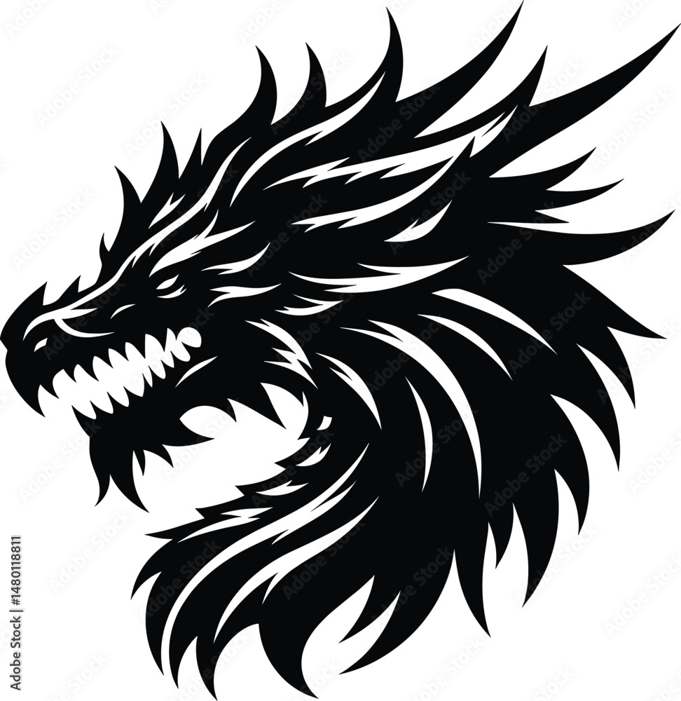 Obraz premium Dragon real head, vector black silhouette on white background in centre