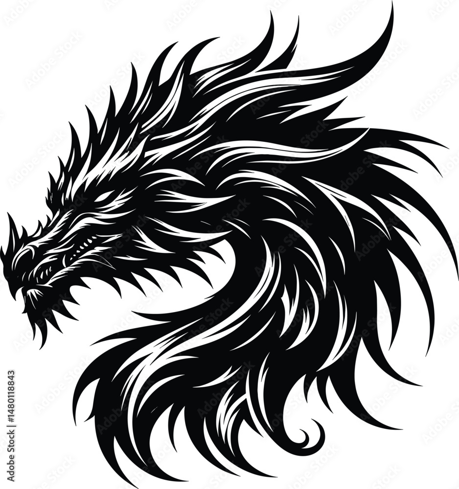 Fototapeta premium Dragon real head, vector black silhouette on white background in centre