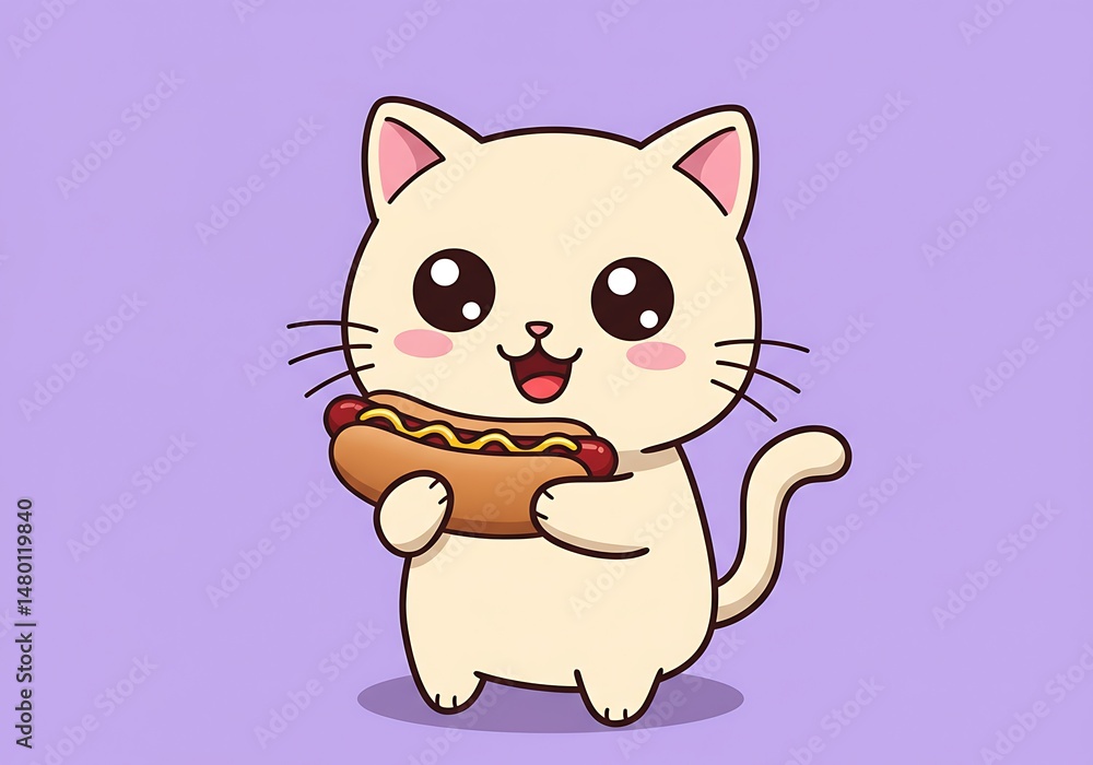 A cheerful cartoon cat lovingly holds a delicious-looking hotdog on a soft pastel backdrop. A cheerful cartoon cat lovingly holds a delicious-looking hotdog on a soft pastel backdrop.