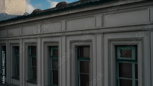 Wallpaper Mural View of rooftop with pipes, architectural details, and chimneys against a blue sky with white clouds in a daytime establishing shot Torontodigital.ca