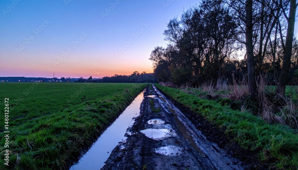Fototapeta premium Serene Country Road at Sunset with Reflections in Water Puddles