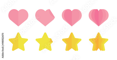 Vibrant heart and star design with a layered, folded effect. Pink hearts and yellow stars evolve through dynamic transitions, symbolizing creativity and transformation.