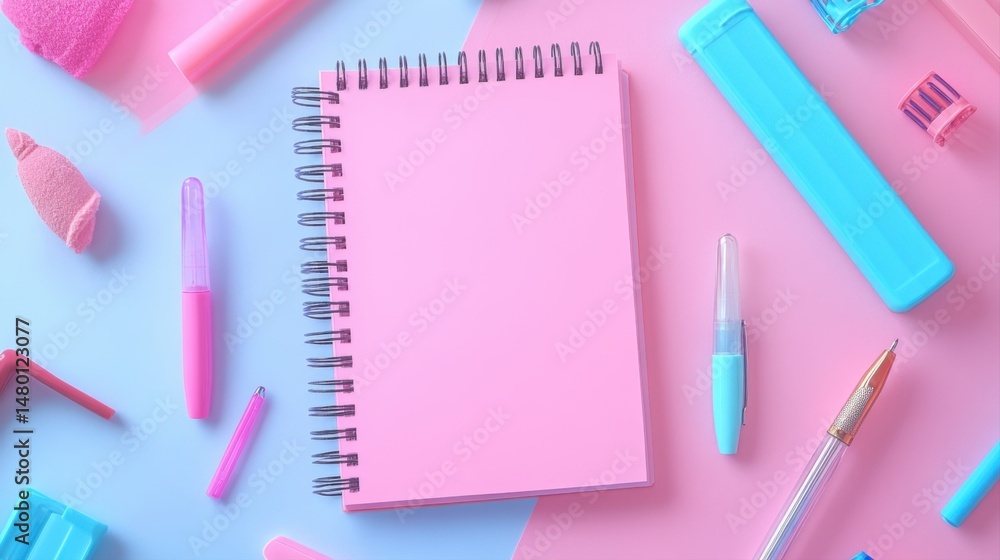 Colorful stationery arrangement with blank spiral notebook and various writing tools for creative inspiration Colorful stationery arrangement with blank spiral notebook and various writing tools for creative inspiration