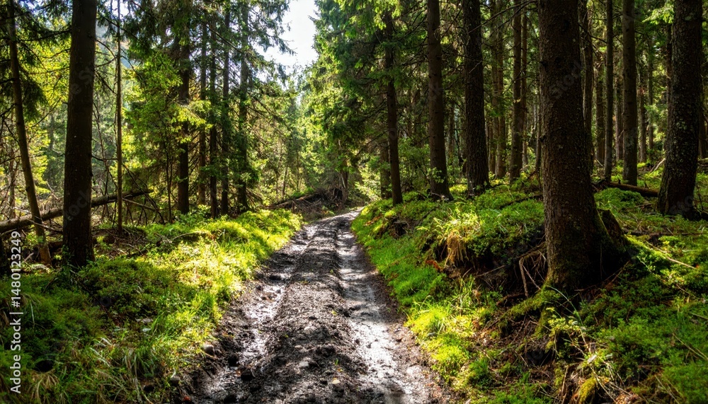 Obraz premium Serene Forest Pathway Surrounded by Tall Trees and Lush Greenery