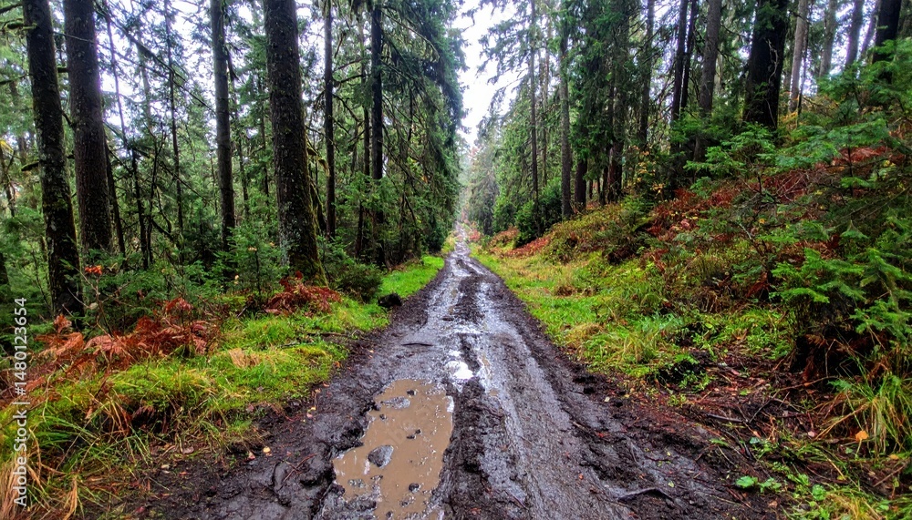 Naklejka premium Muddy Trail Through Lush Green Forest Surrounded by Tall Trees