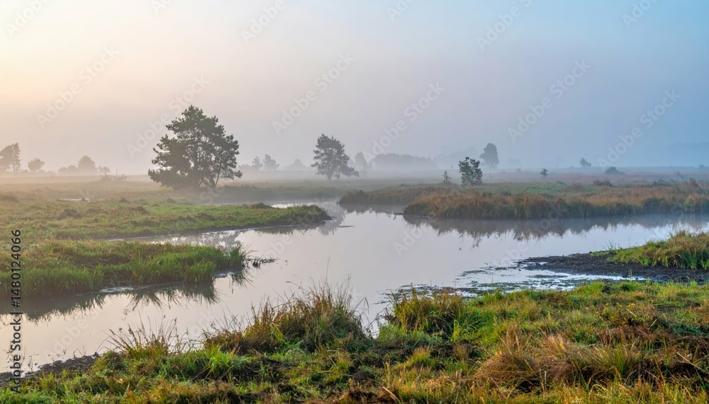 Fototapeta premium Serene Misty Landscape with Water Reflection and Trees at Dawn