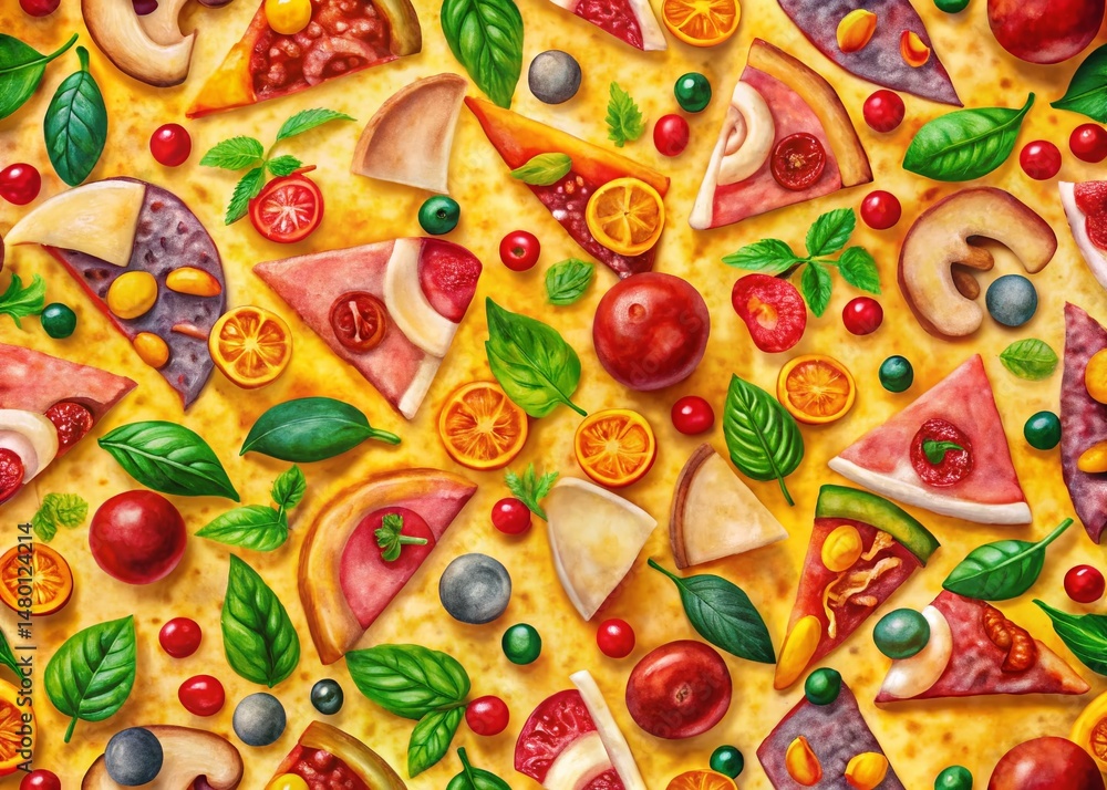 Fototapeta premium Macro Pizza Pattern: Delicious Italian Food Ingredients for Cafe Menu Design