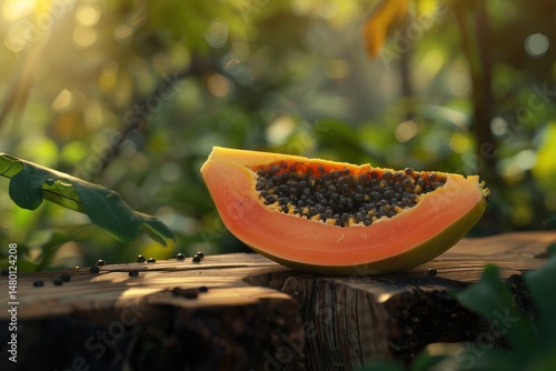 A ripe papaya sliced open, vibrant orange flesh 